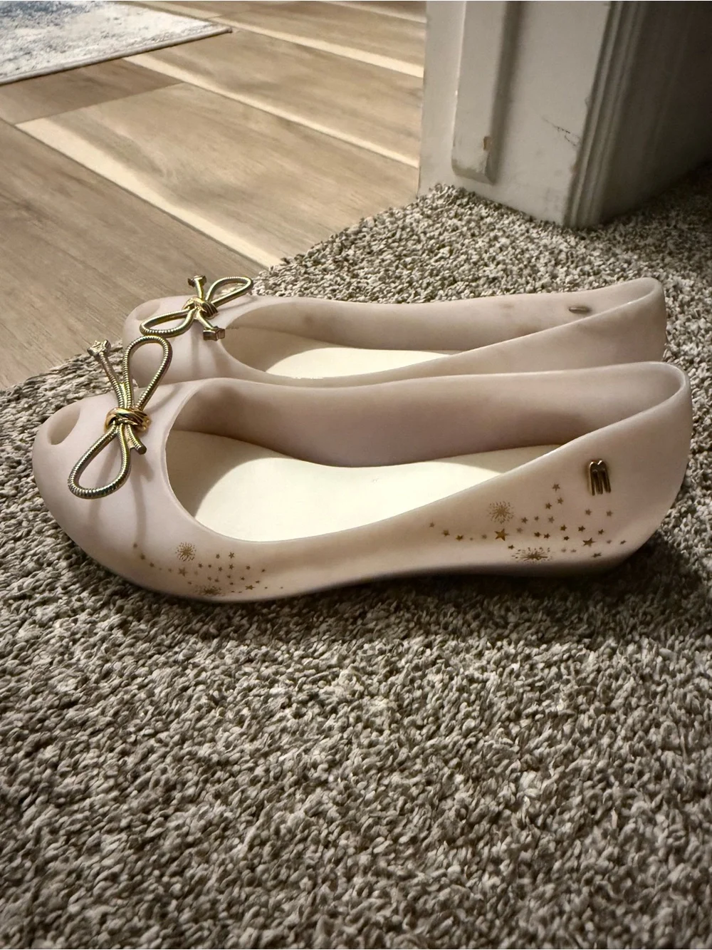 Melissa Girls Matte Beige Ballet Flats with Gold Bow Accents